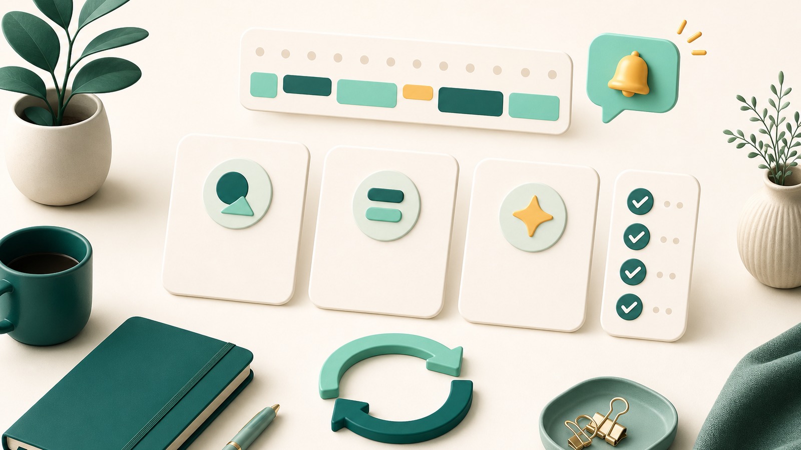 Calm ADHD-friendly daily planning desk with simple priority cards and time blocks