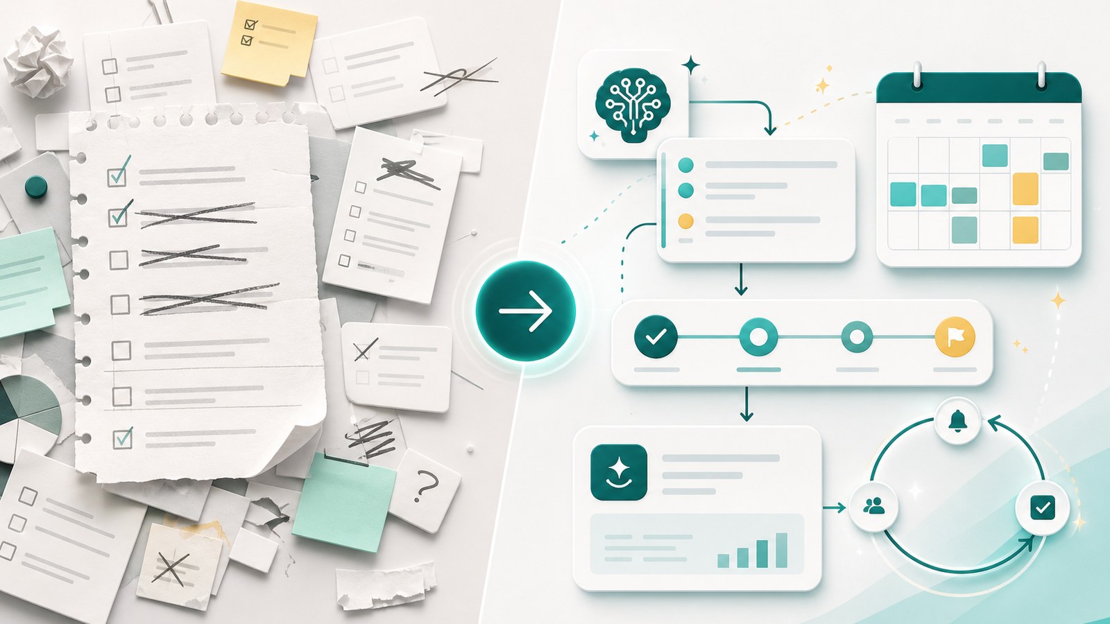 A messy checklist transforming into a calm AI planning flow with reminders and next steps