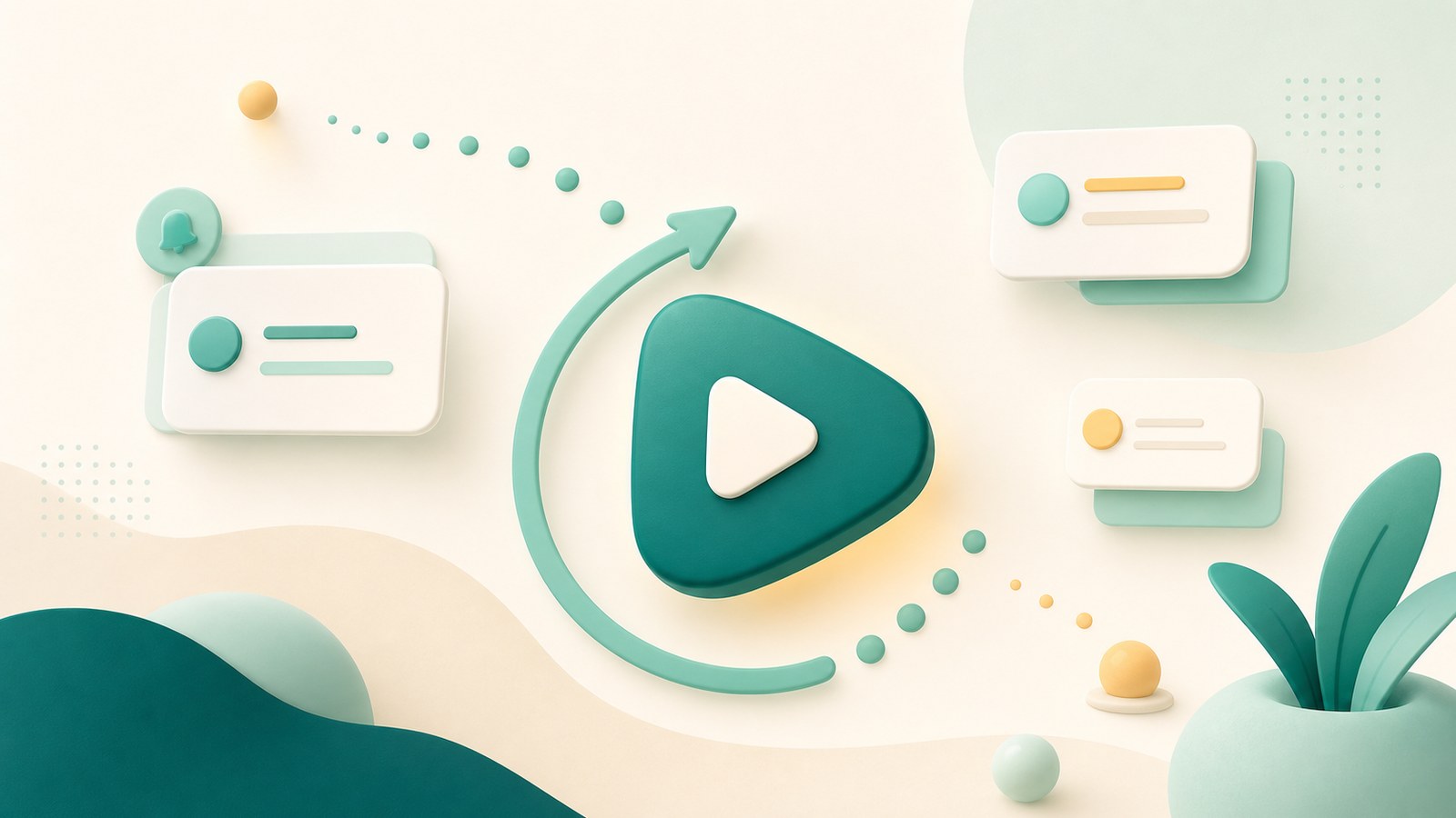 Abstract teal and mint illustration of task initiation, reminder dots, and a recovery loop for an anti-procrastination app