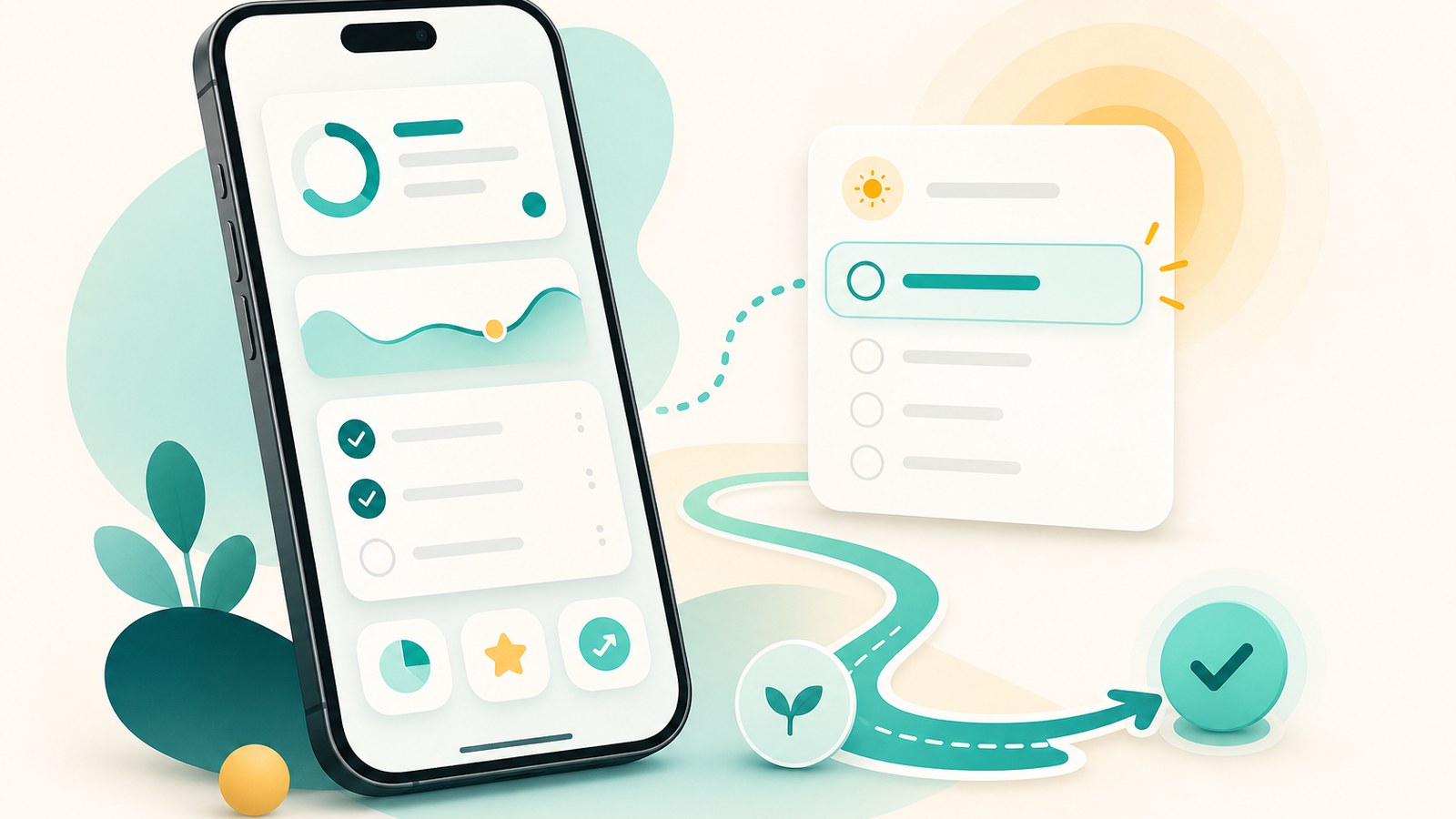 A clean mobile planning app interface with a visible next-action path and gentle reminder cues