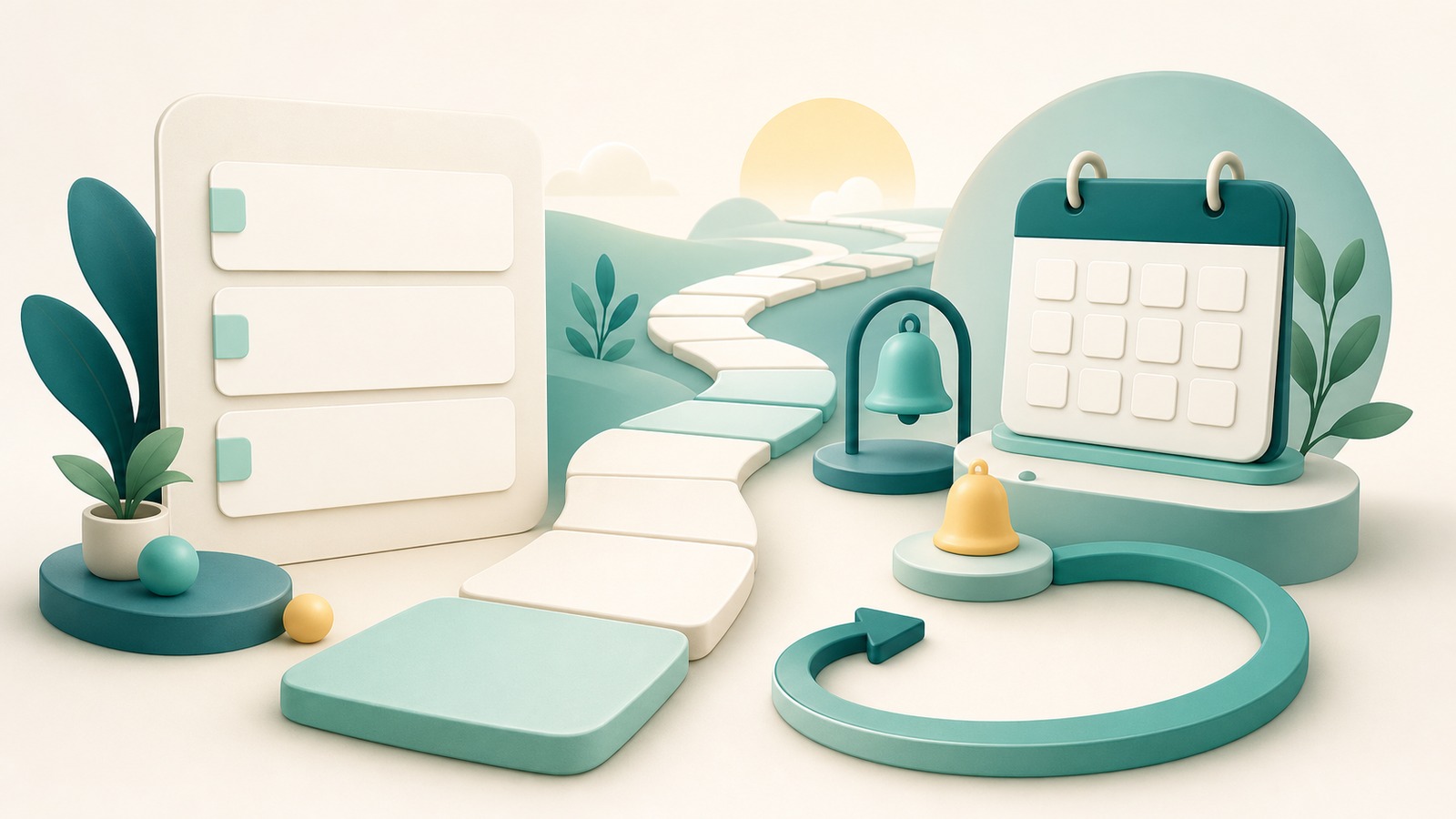 A goal card flowing into a weekly review loop and daily steps, with different drift-recovery paths branching from it, in teal and mint on warm off-white.
