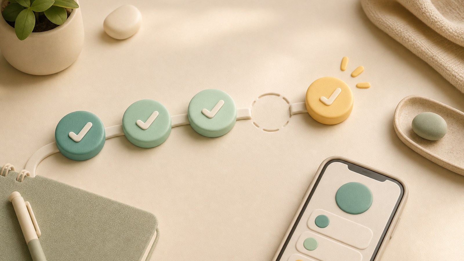 A calm habit path with three completed teal steps, one gentle gap for a missed day, and a yellow comeback step reconnecting the routine.