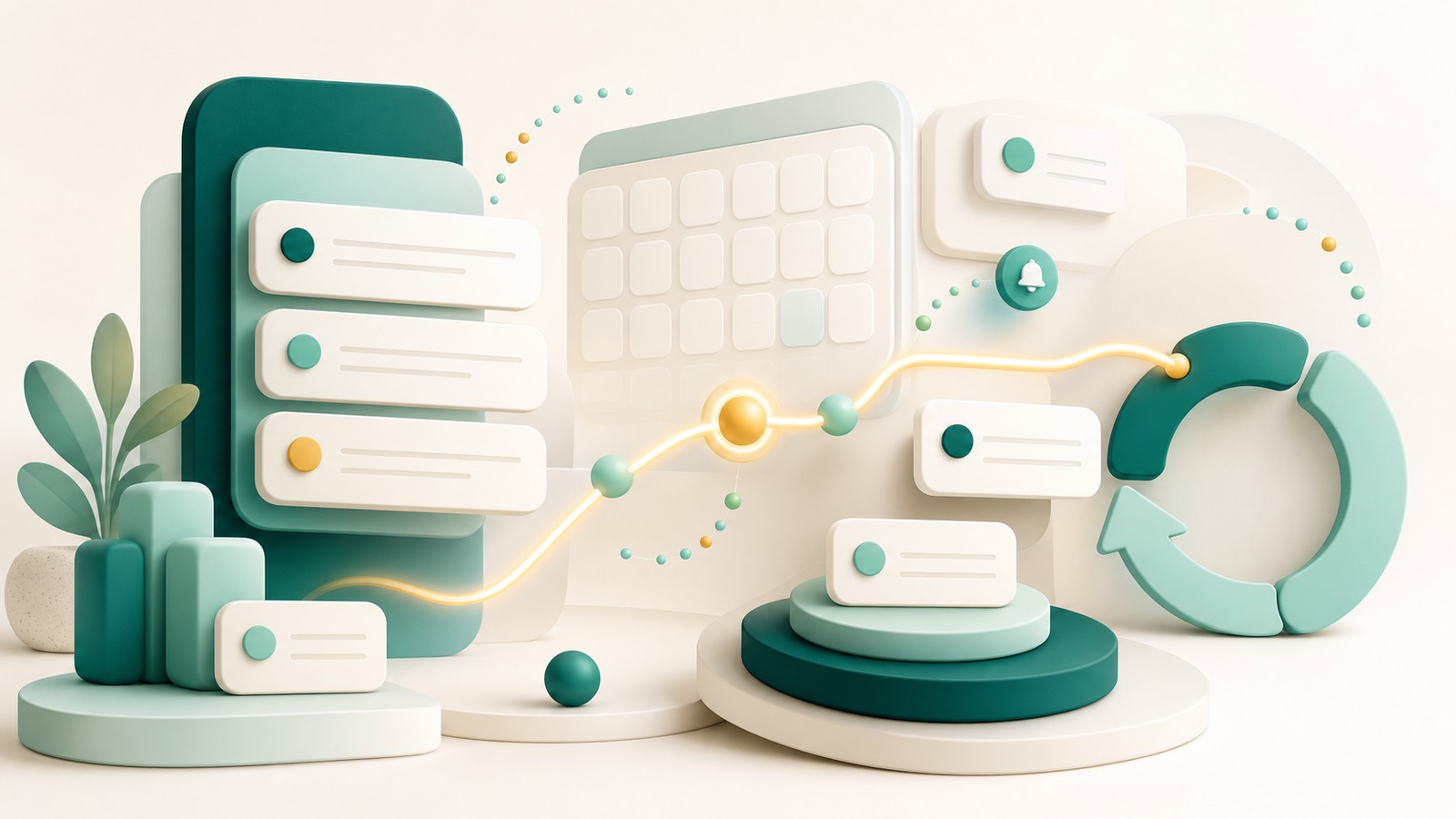 Abstract teal and mint accountability cards, reminder dots, and a recovery loop representing entrepreneur follow-through.
