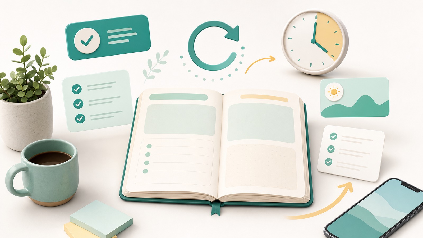 An open notebook with a blank checklist, a simple clock, coffee, and a phone on a sunlit desk for a midday reset.