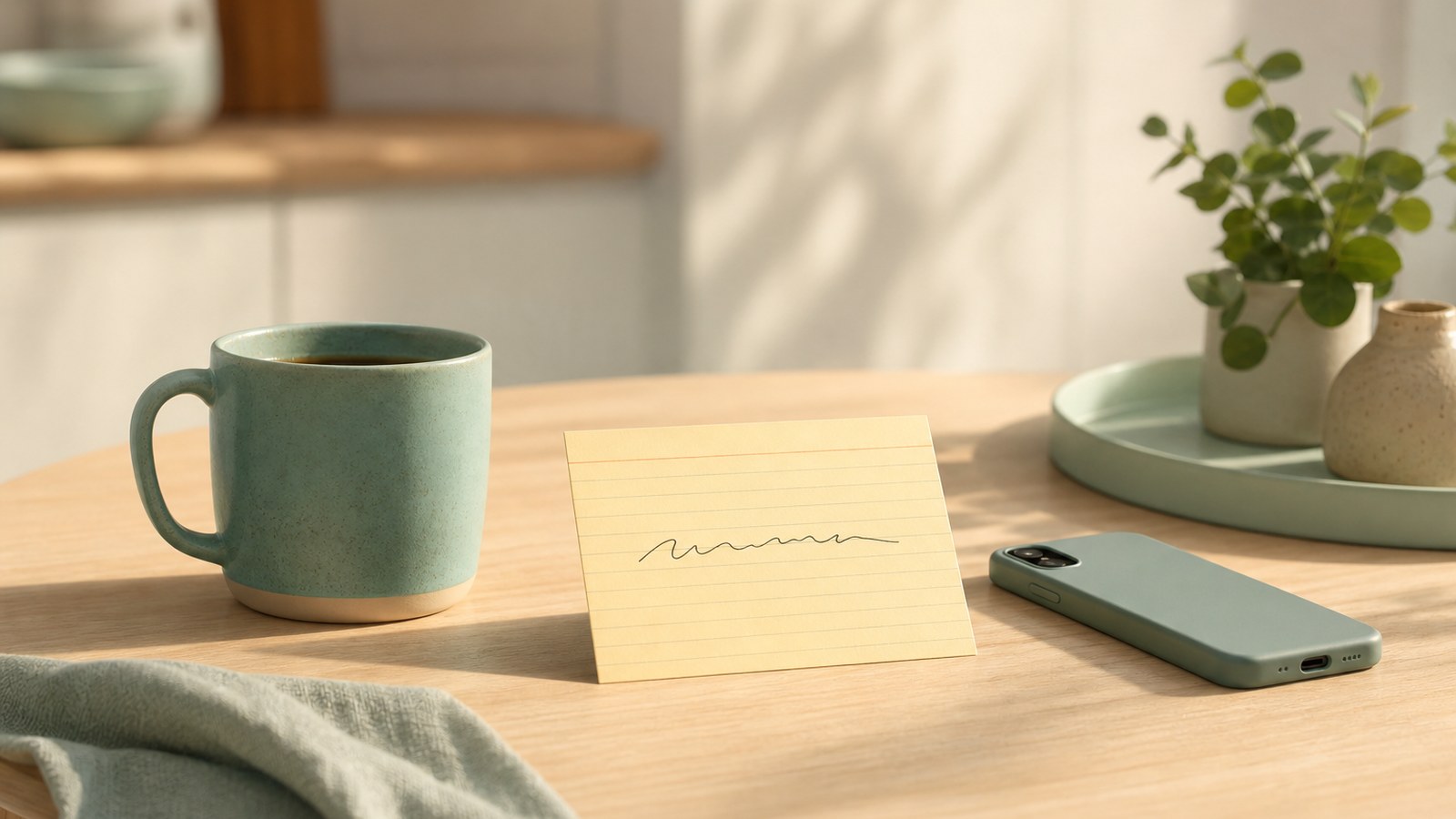 A single index card with one line written on it beside a coffee mug, illustrating a short weekly review ritual.