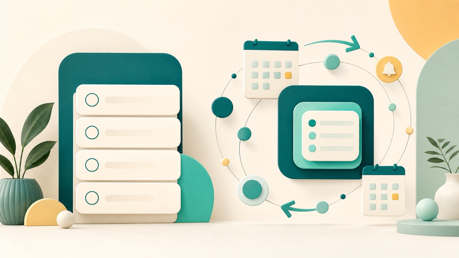 Abstract task cards, reminder loops, and calendar shapes representing task apps versus accountability apps.