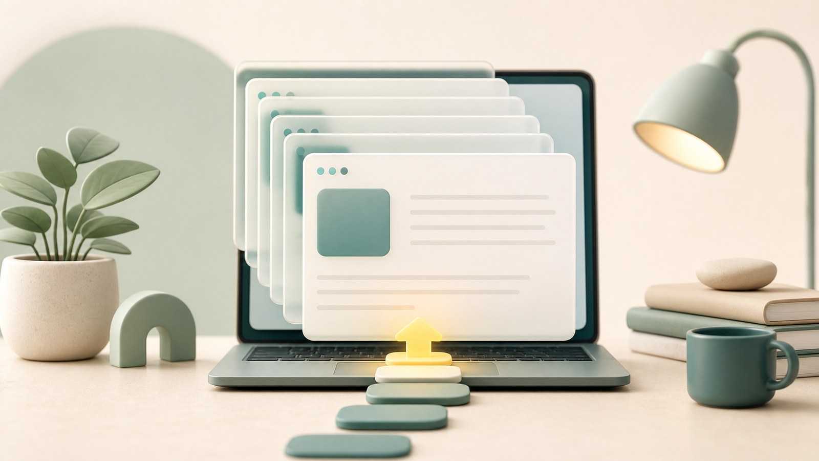 Soft 3D illustration of repeated task tabs becoming one small first-step foothold, in teal and mint on a warm off-white background.
