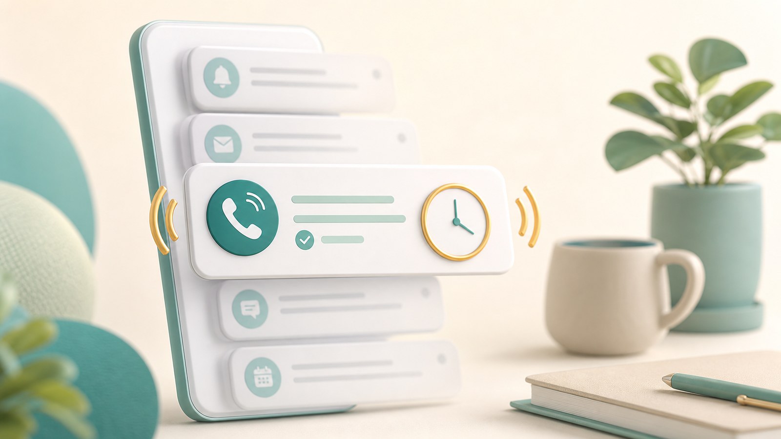 Soft 3D illustration of a phone showing one clear call-style reminder among blurred notification cards, with teal and mint accents on a warm off-white background.